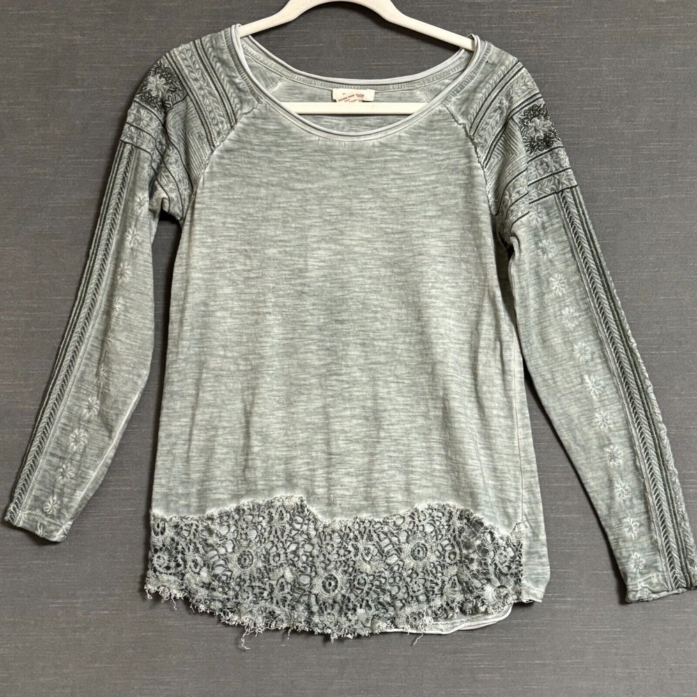 Sundance Top XS Green Gray Embroidered Lace Long Sleeve Boho Hippie‎ Western --